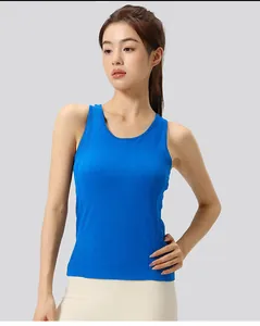 Front view of professional blue quick-dry yoga tank top with built-in chest pads