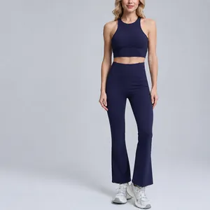 Damen Rippen Yoga Set Hohe Taille Po-Lifting Ausgestellte Hose Überkreuzter Rücken Sport Top Und Bottom Für Fitness Gym