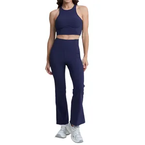 Damen Yoga-Set in Marineblau mit Rippstrick, Schlaghose mit hoher Taille und Crop-Top