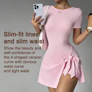 Robe short de tennis yoga rose ajustée avec nœud pour le fitness en plein air et loisirs
