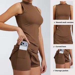 Conjunto de falda de tenis marrón para mujer con top sin mangas y bolsillos laterales