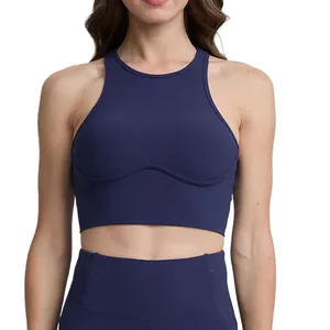 Navy blue ribbed high-neck yoga sports bra with supportive contoured under-bust seam design.