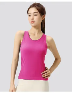 Close-up of a women's slim-fit rose pink yoga tank top with round neck.