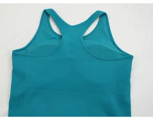 Detailed view of teal seamless racerback yoga sports vest with rib-knit texture