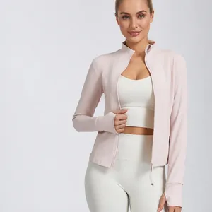 Women Slim Fit Yoga Jacket Quick Dry Stand Collar Full Zip Sports Running Jacket With Thumbholes Polyester Long Sleeve Activewear Top