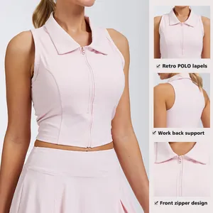 Pink sleeveless quick-dry tennis polo top with front zipper and lapel collar for women