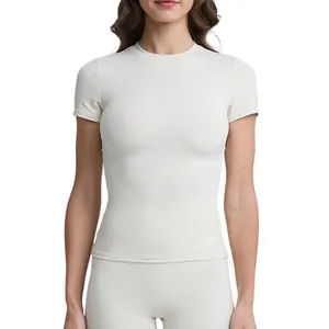 Top da yoga a maniche corte aderente da donna, asciugatura rapida, beige per il fitness