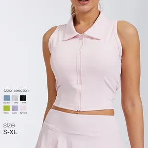 Sleeveless quick-dry collared sports top with zipper for tennis or yoga, sizes S-XL