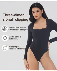 Detailed view showing the square neck bodysuit with lace trim and functional icons