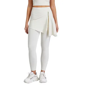 Hoch taillierte Yoga-Leggings in Creme mit abnehmbarem atmungsaktivem Rock für Fitness
