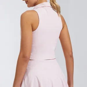 Back view of pink sleeveless collared sports tank top for tennis and yoga activities
