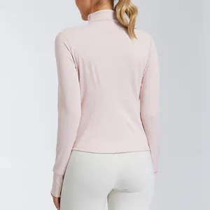 Women's slim-fit pink quick-dry yoga jacket with a stand-up collar shown from back