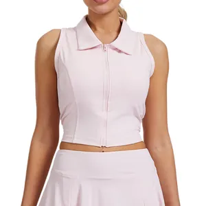 Slim fit pink sleeveless quick-dry polo collar sports top and tennis skirt set for women