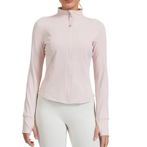 Women's slim fit stand-up collar sports yoga jacket with thumb holes in pale pink