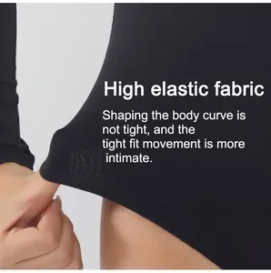 Close-up showing high elasticity of black square neck bodysuit fabric.