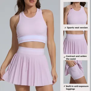 Breathable pink tennis skirt and sports vest set with pleated anti-exposure skort