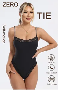 Detailed view of a black lace-trimmed bodysuit with slim-fit breathable fabric design.