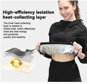 Detalle del traje de sauna para mujer con capa térmica plateada para quemar grasa.