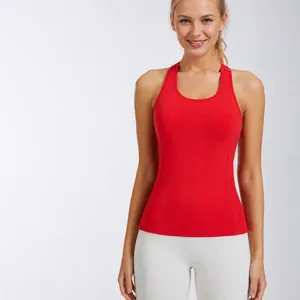 Women Racerback Yoga Vest Solid Color Round Neck Sport Tank Top With Fixed Chest Padding Slim Fit Quick Dry Gym Workout Top