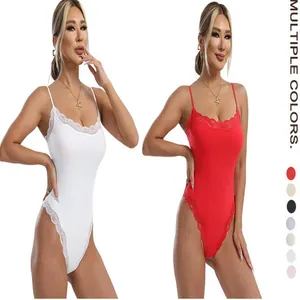 Detailed view of white and red lace trim bodysuits featuring elegant strap design