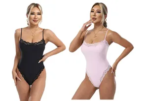 Detailed view of women's black and pink lace trim bodysuits showing fabric and fit