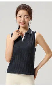 Dark navy sleeveless ribbed polo top with white trim detail for tennis and fitness