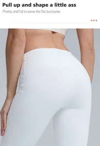 Close-up detail of white high-waisted yoga pants highlighting the peach lifting seams