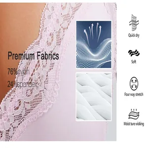 Detail showing breathable pink lace bra fabric with 76% nylon and 24% spandex blend