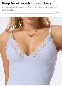 Detail shot of light blue lace-trimmed deep V-cut dress with elegant thin straps