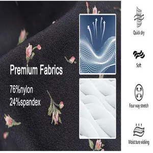 Close-up of black floral fabric detail showing soft texture and premium material info