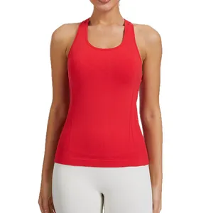 Red slim fit yoga tank top with built-in chest pads and high elasticity for sports