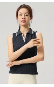 Seamless rib-knit sleeveless tennis Polo shirt with contrast collar for women