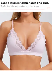 Detail shot of light pink lace wireless bra with soft breathable fabric