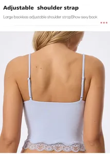 Close-up back view of a light blue lace camisole with adjustable shoulder straps and open back