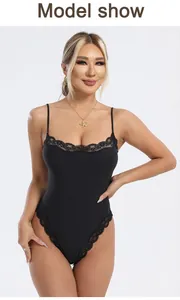 Detail view of a black lace-trimmed bodysuit shapewear worn by a model in professional studio