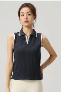 Detail of women's seamless sleeveless tennis polo shirt with striped V-neck collar