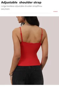 Rear view of a sexy red slim-fit lace-trimmed camisole featuring adjustable straps