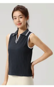 Detailed view of women's sleeveless ribbed tennis polo shirt with white trim and V-neck