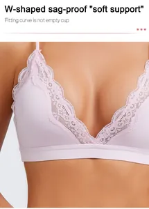Close-up of pink lace triangle bra with soft support and elegant floral edges.