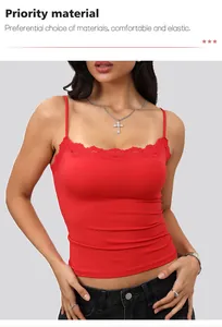 Detailed view of a red slim fit camisole featuring delicate lace trim on the neckline