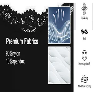 Detail view of premium lace fabric showing moisture wicking and four-way stretch features