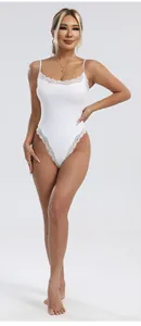 Detailed view of elegant white lace-trimmed bodysuit featuring delicate double-layer straps.