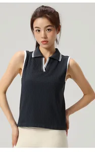 Detail of seamless ribbed sports polo shirt with V-neck for tennis and yoga