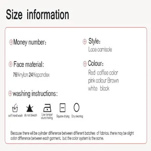 Detailed product info graphic for a slim fit lace camisole with fabric and care data.