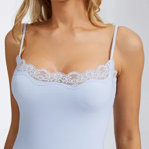 Light blue lace trim bodysuit with adjustable spaghetti straps and slim fit design