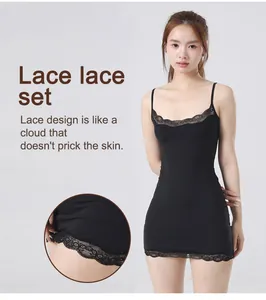 Exquisite black lace hem detail on a soft and stretchy slim-fit camisole dress