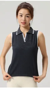 Close-up of sleeveless tennis polo shirt with ribbed texture and white trim collar
