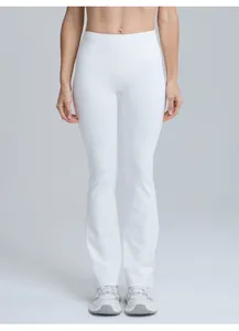 Front view of white high-waisted flare yoga pants for fitness and outdoor running