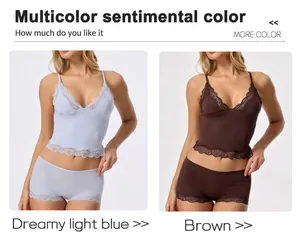 Detailed view of women's lace camisole and boyshorts set in light blue and brown variants