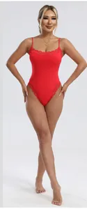 Red lace-trim bodysuit, full-length view on model, breathable slim-fit camisole